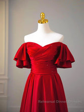 Wine Red Satin Short Sleeves Long Party Dress, Wine Red Satin Semi Formal Prom Dress